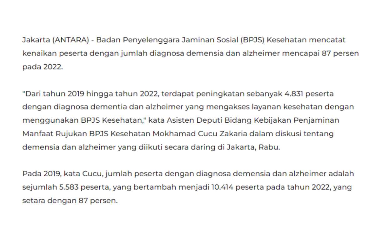 BPJS temukan kenaikan kasus demensia dan alzheimer hingga 87 persen
