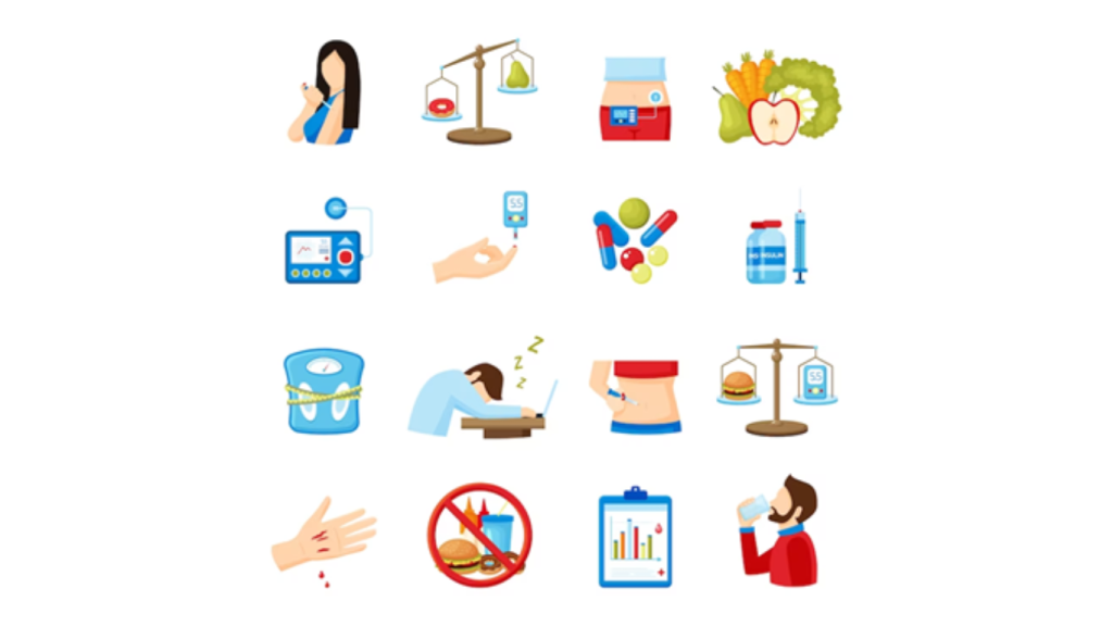 Komplikasi dan pengobatan Diabetes. Sumber: macrovector.